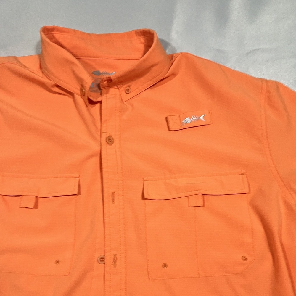 Silver Bait Men's L Orange Button-Up Fishing Shirt Polyester Pockets Fish Logo - Picture 2 of 9